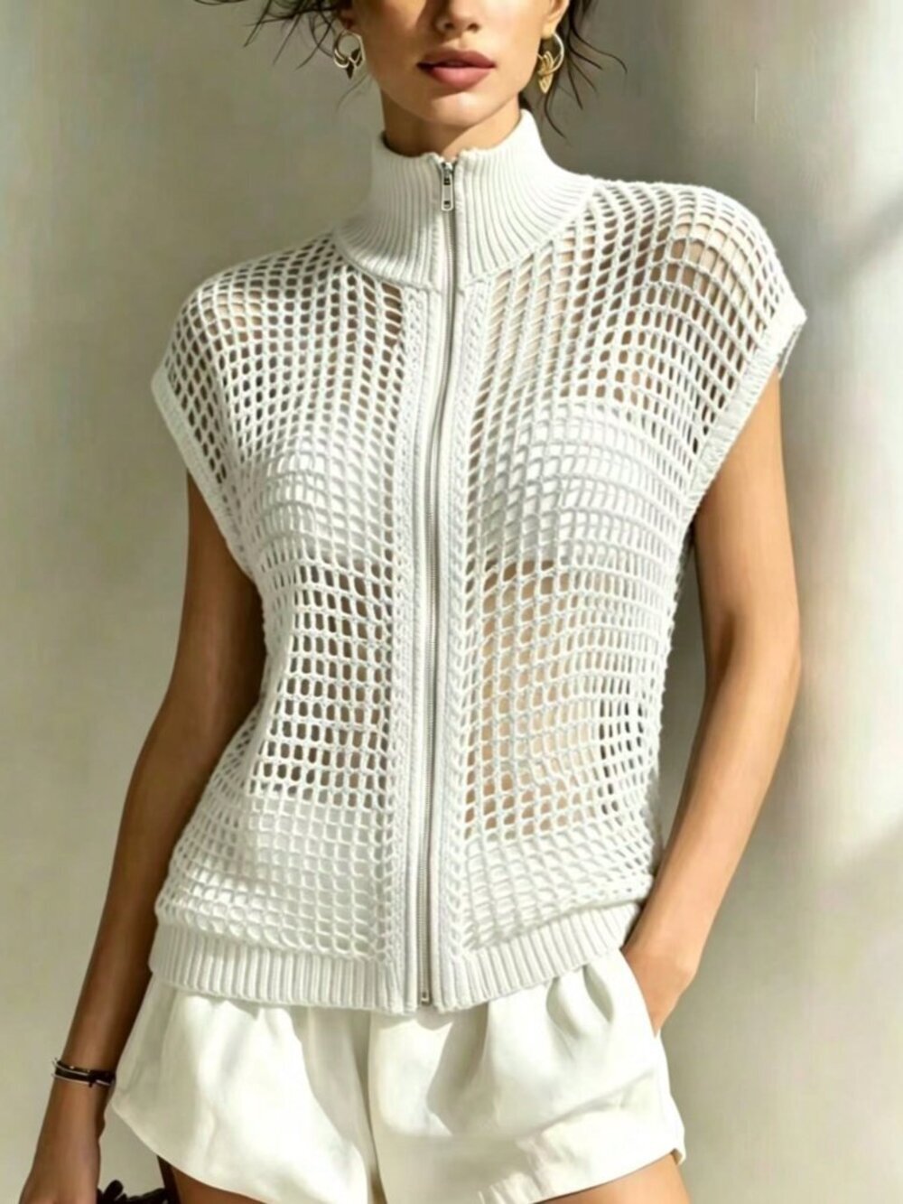White Casual Women's Slimming Hollow High Neck Zipper Cardigan